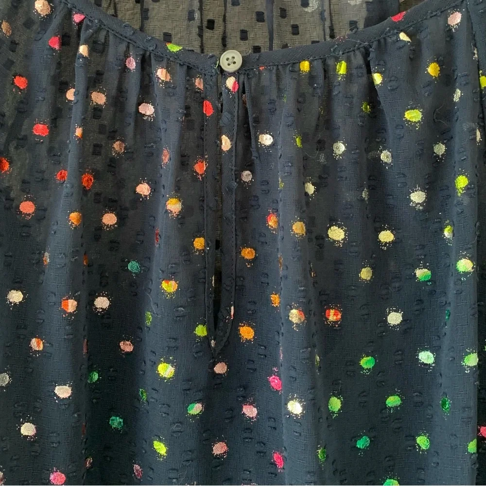 J. Crew Popover Navy Blue Rainbow Clip Dot Chiffon Top Size Medium K4385
